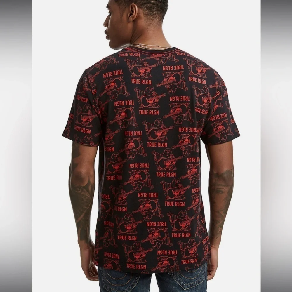 True Religion Buddha Mono Crew Neck Cotton T-shirt in Black/red Sz M
